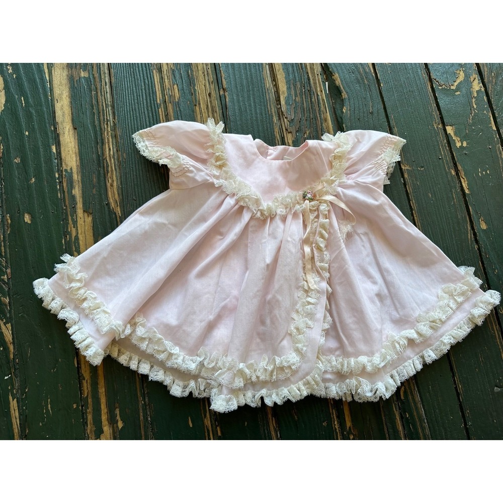 Vintage Bryan Baby Girl Pink Lace Ruffle Dress Floral 18M Made in USA 6655